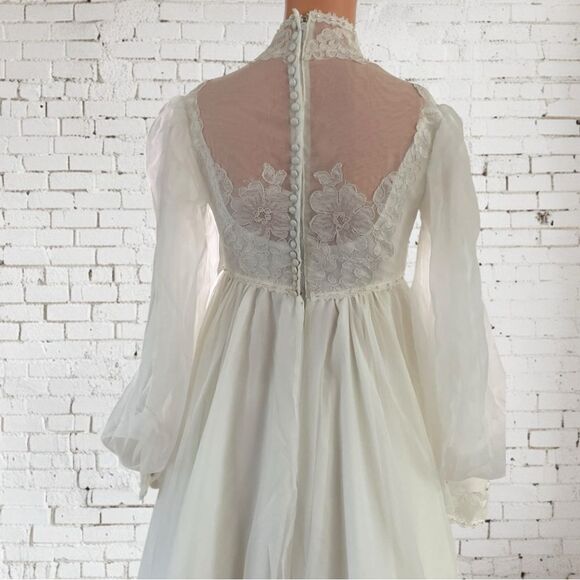 Vntg. Alfred Angelo Chiffon Wedding Dress High Neck Long Sleeves Bridal Gown - Picture 10 of 16